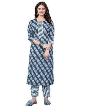 women block print straight kurta with pants