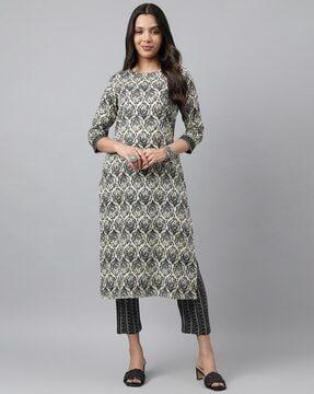 women block print straight kurta with pants