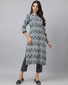 women block print straight kurta with pants