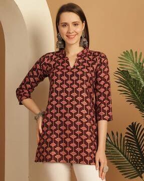 women block print straight tunic with bracelet sleeves