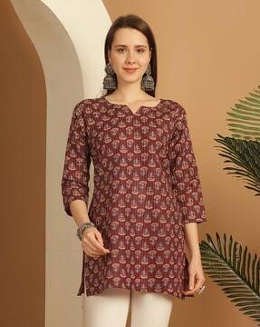 women block print straight tunic with bracelet sleeves