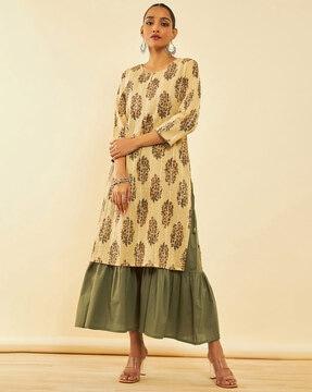 women block print tiered dress with inner slip