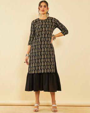 women block print tiered dress with inner slip