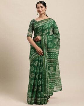 women block printed saree with unstitched blouse piece