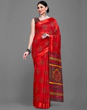 women block printed saree with unstitched blouse piece