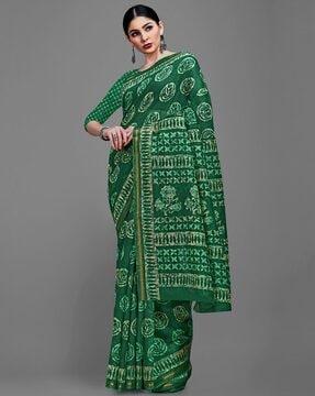 women block printed saree with unstitched blouse piece