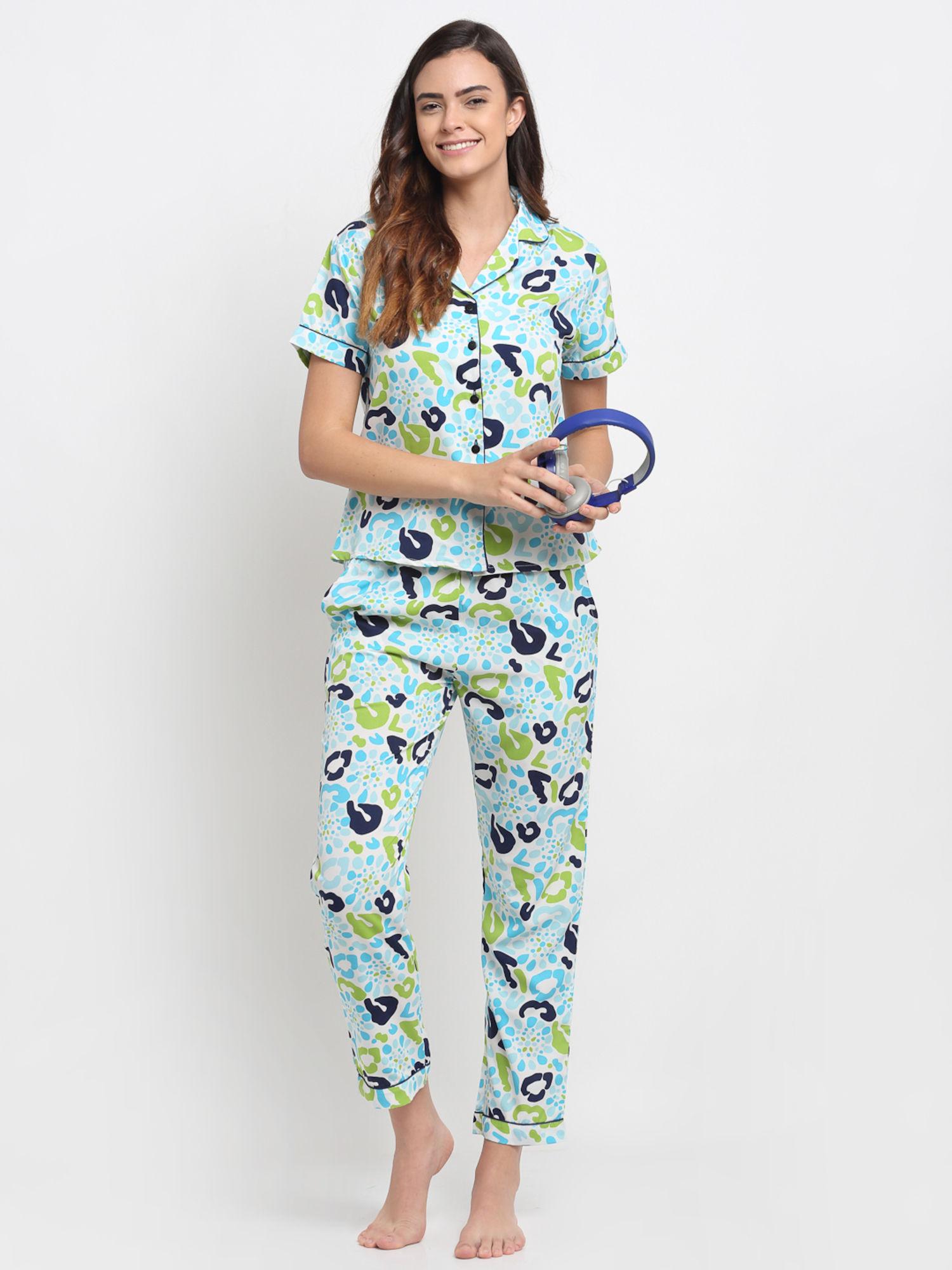 women blue & green printed night suit