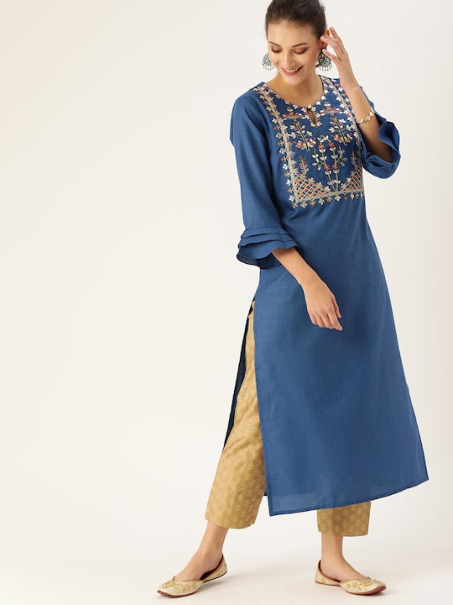 women blue & multi embroidered straight kurta