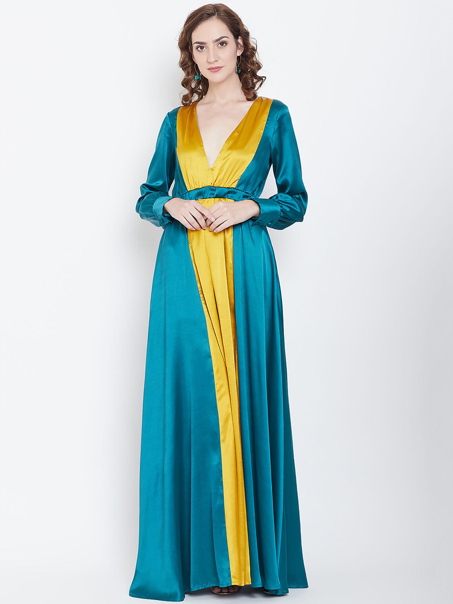 women blue & mustard yellow colourblocked maxi dress