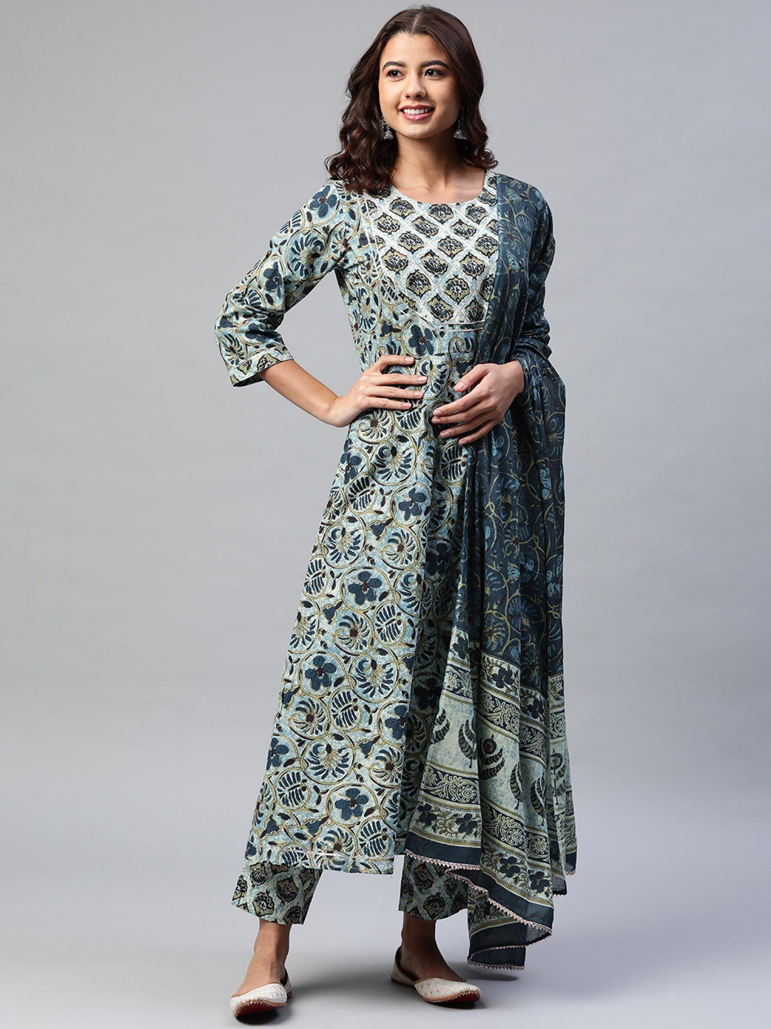 women blue & navy blue printed a-line kurta with trousers and dupatta (set of 3)