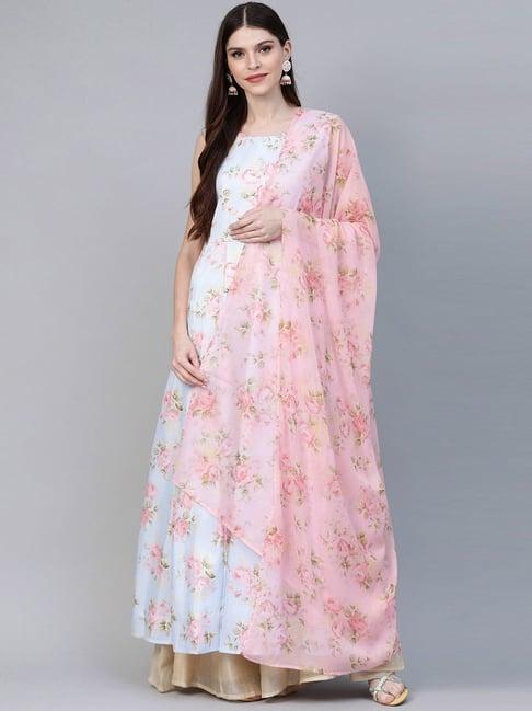 women blue & pink floral printed anarkali kurta with dupatta