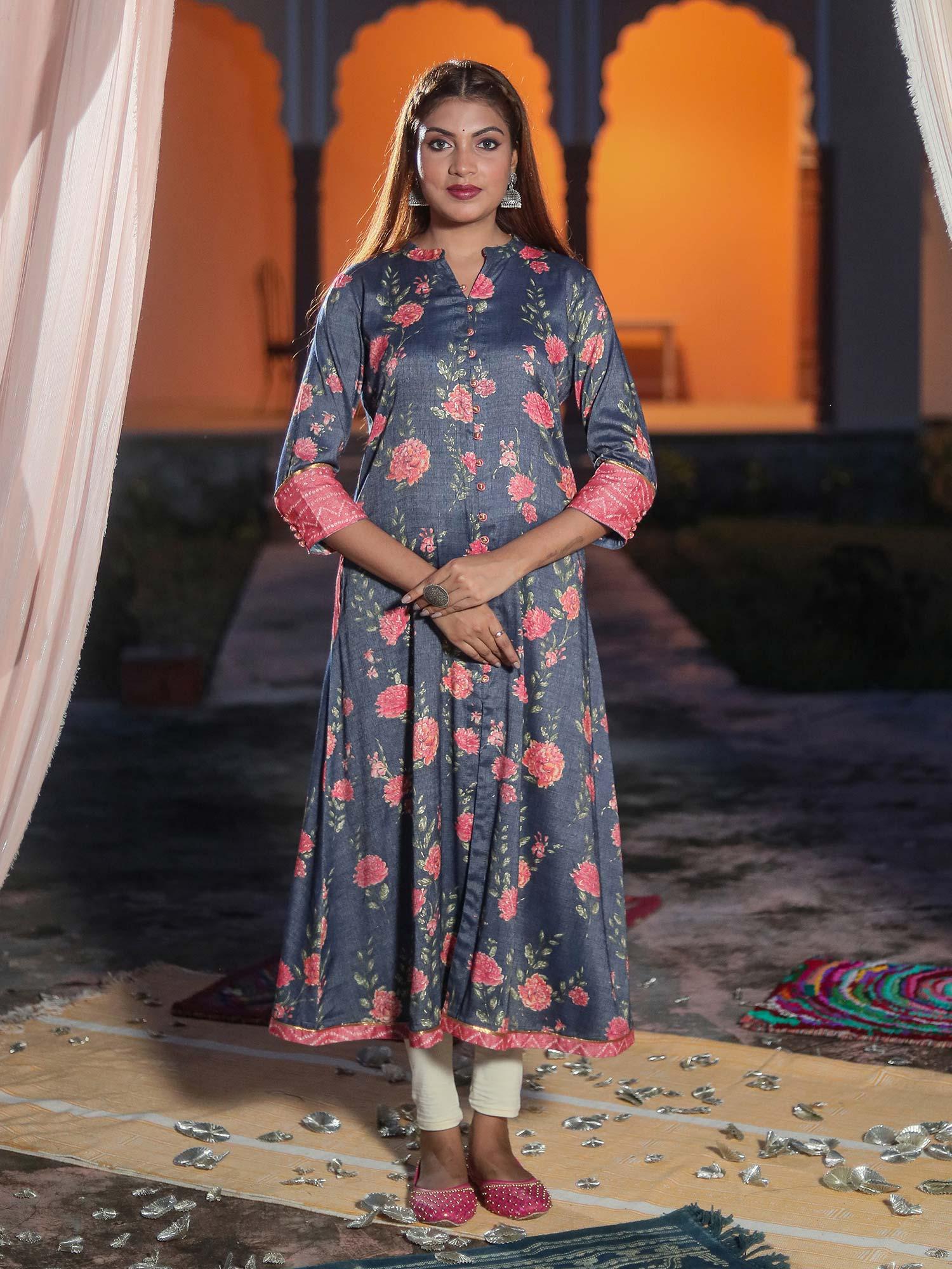 women blue & pink foil printed a-line kurta