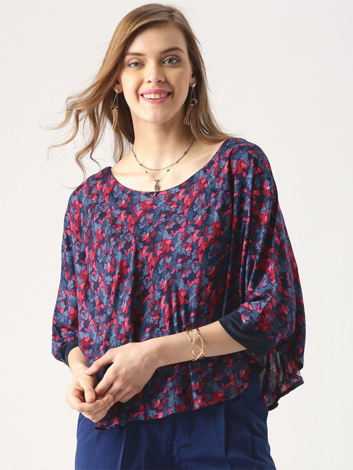 women blue & red floral print cape top