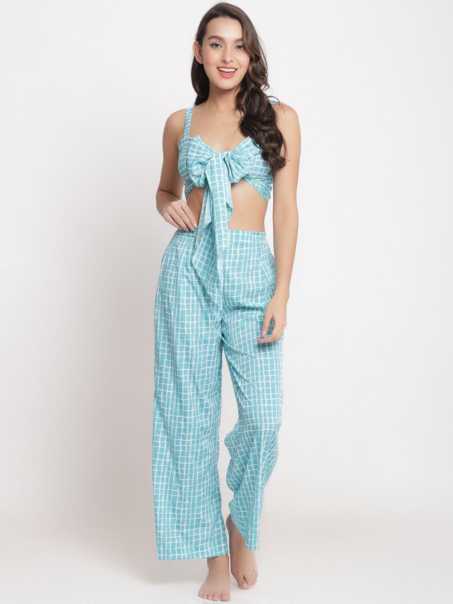 women blue & white checked beachwear cover up set