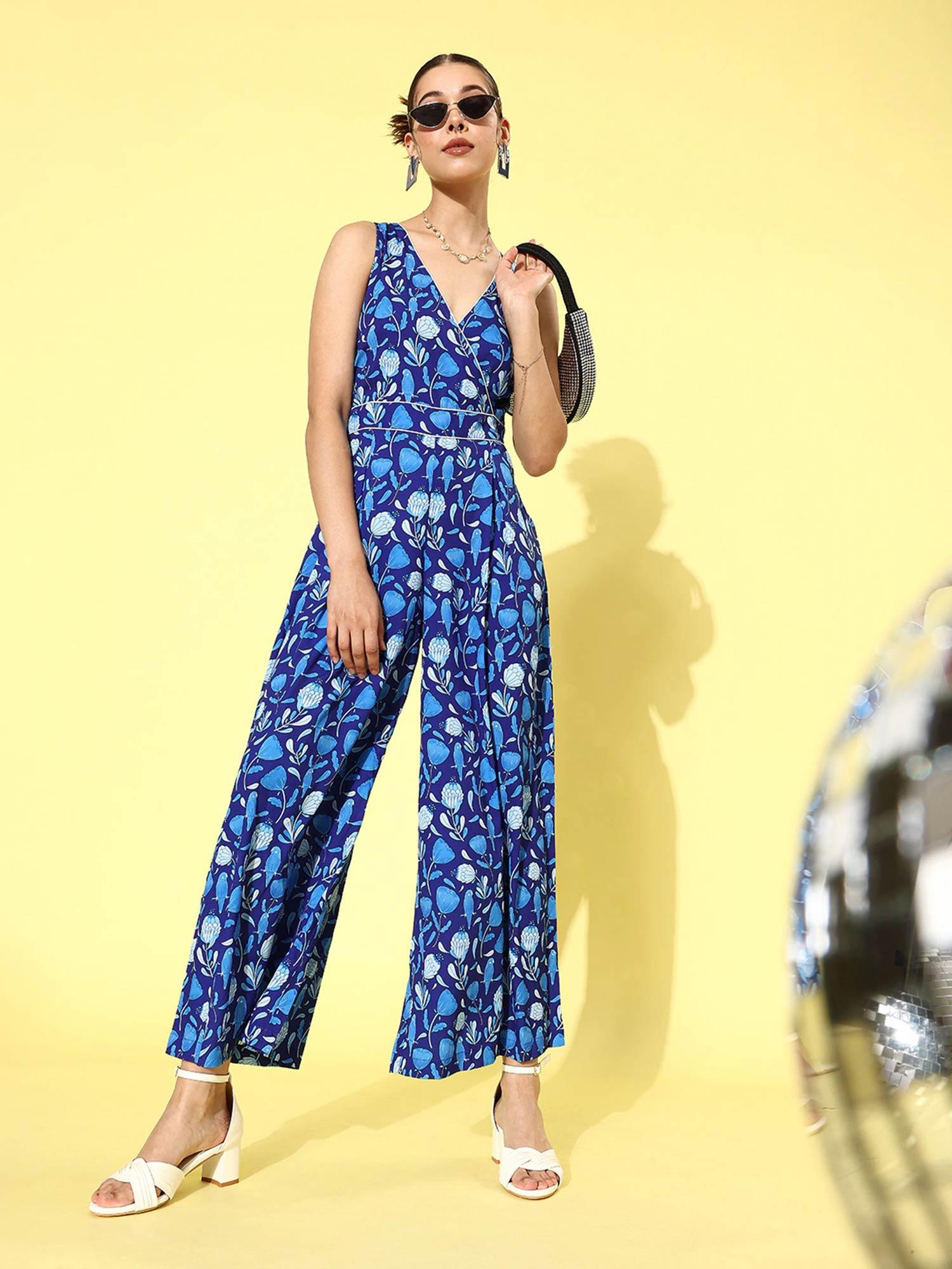 women blue & white floral basic jumpsuit