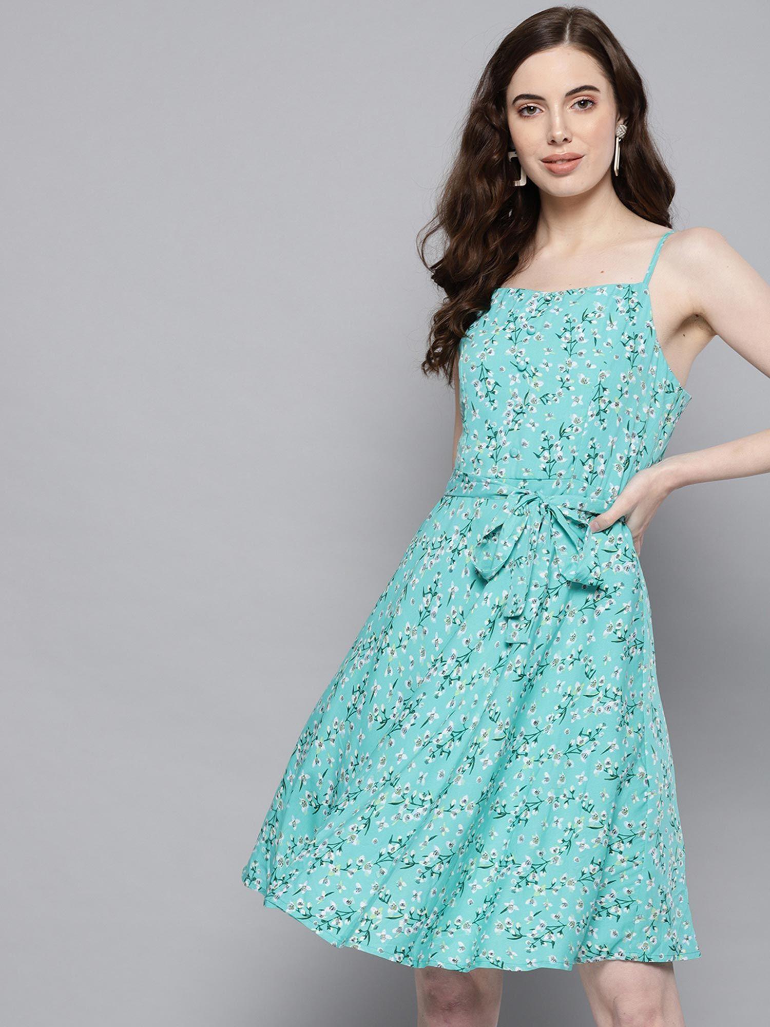 women blue & white floral print a-line dress