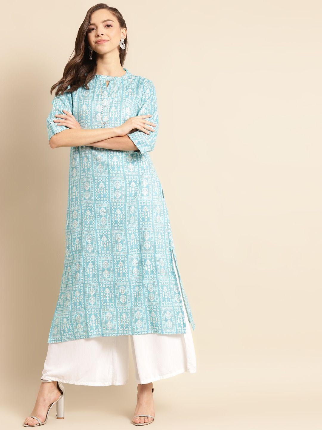 women blue & white foil printed straight kurta