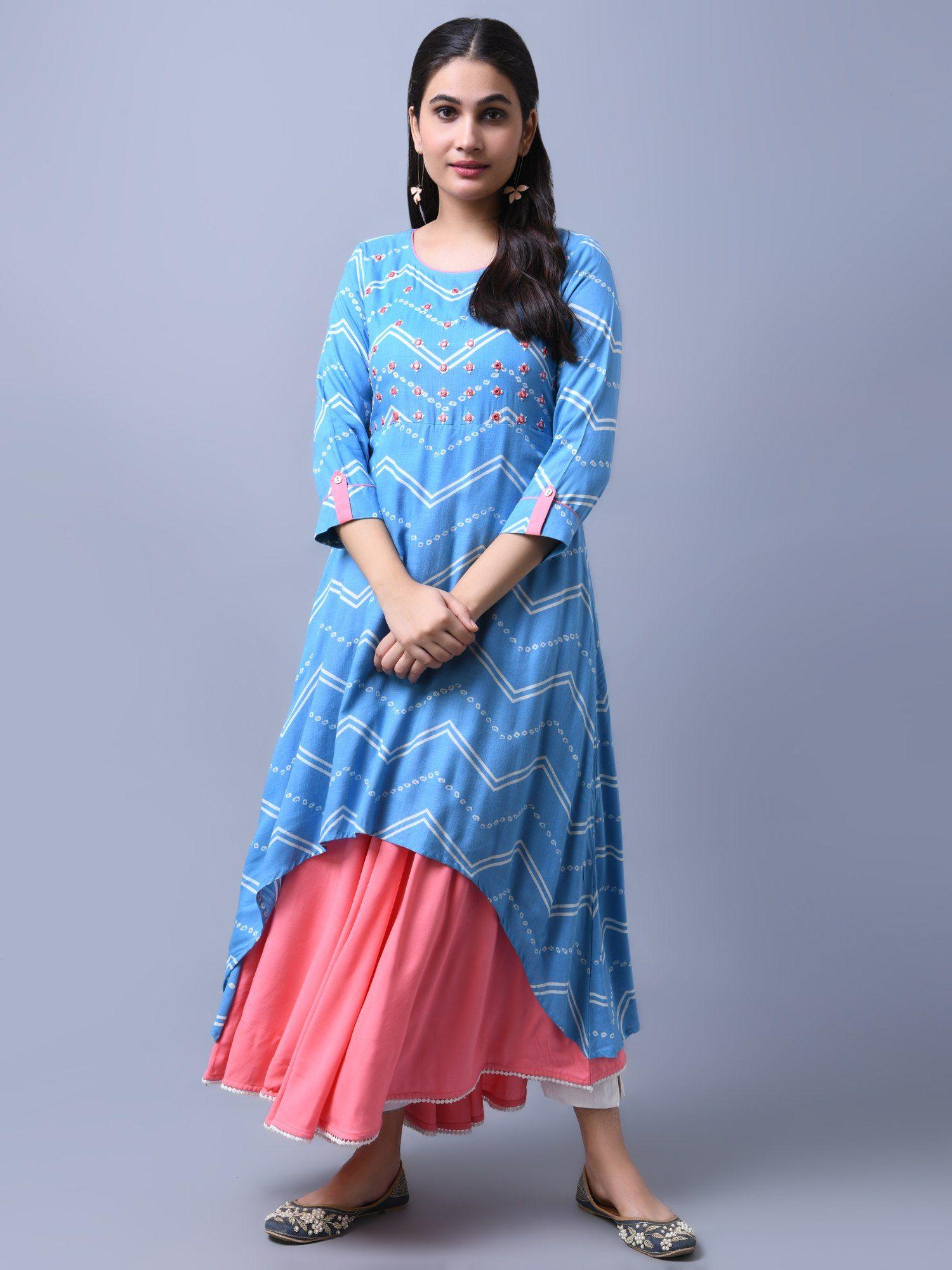 women blue & white printed & mirror work embroidery a-line kurta