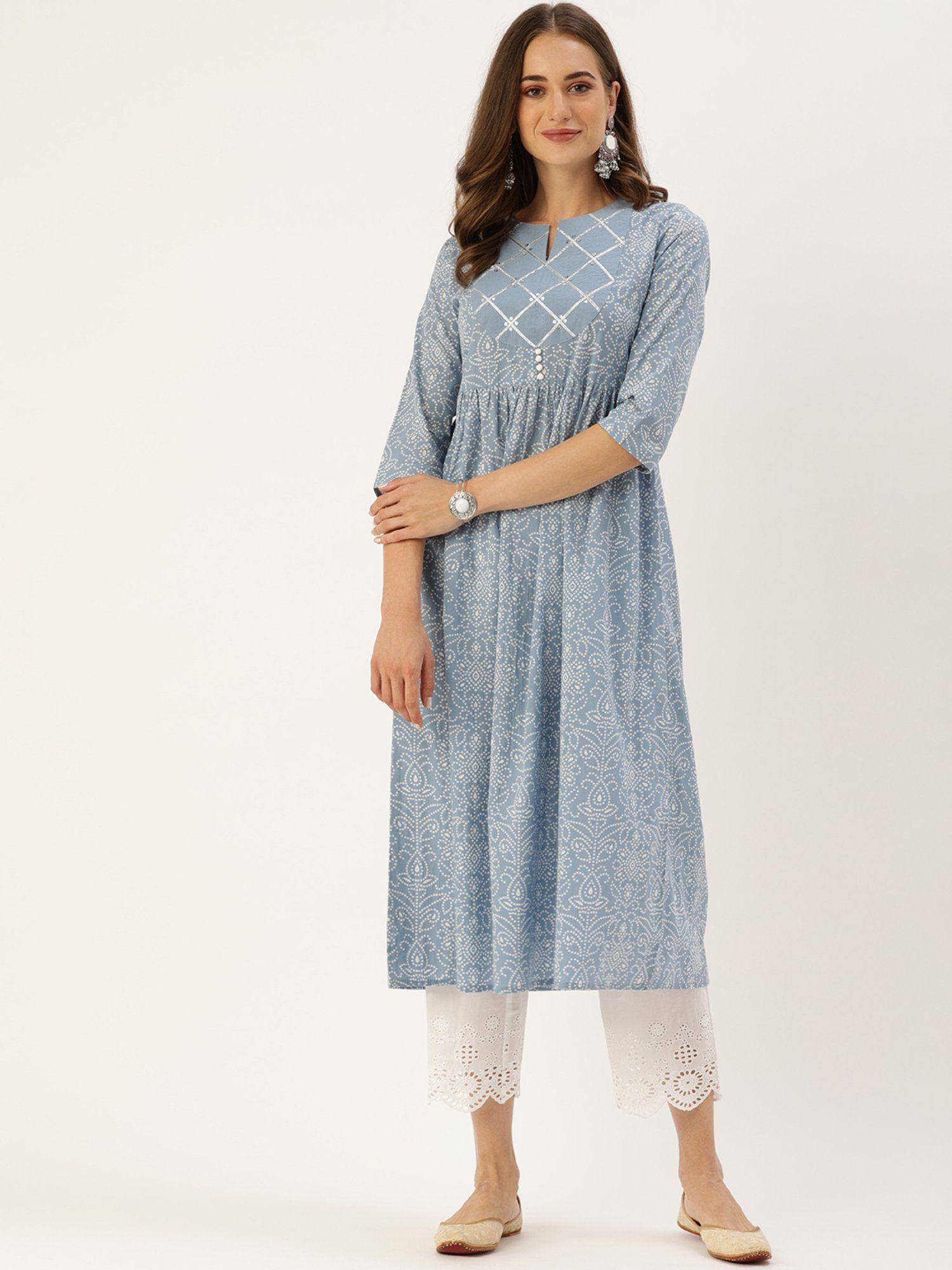 women blue & white printed a-line kurta