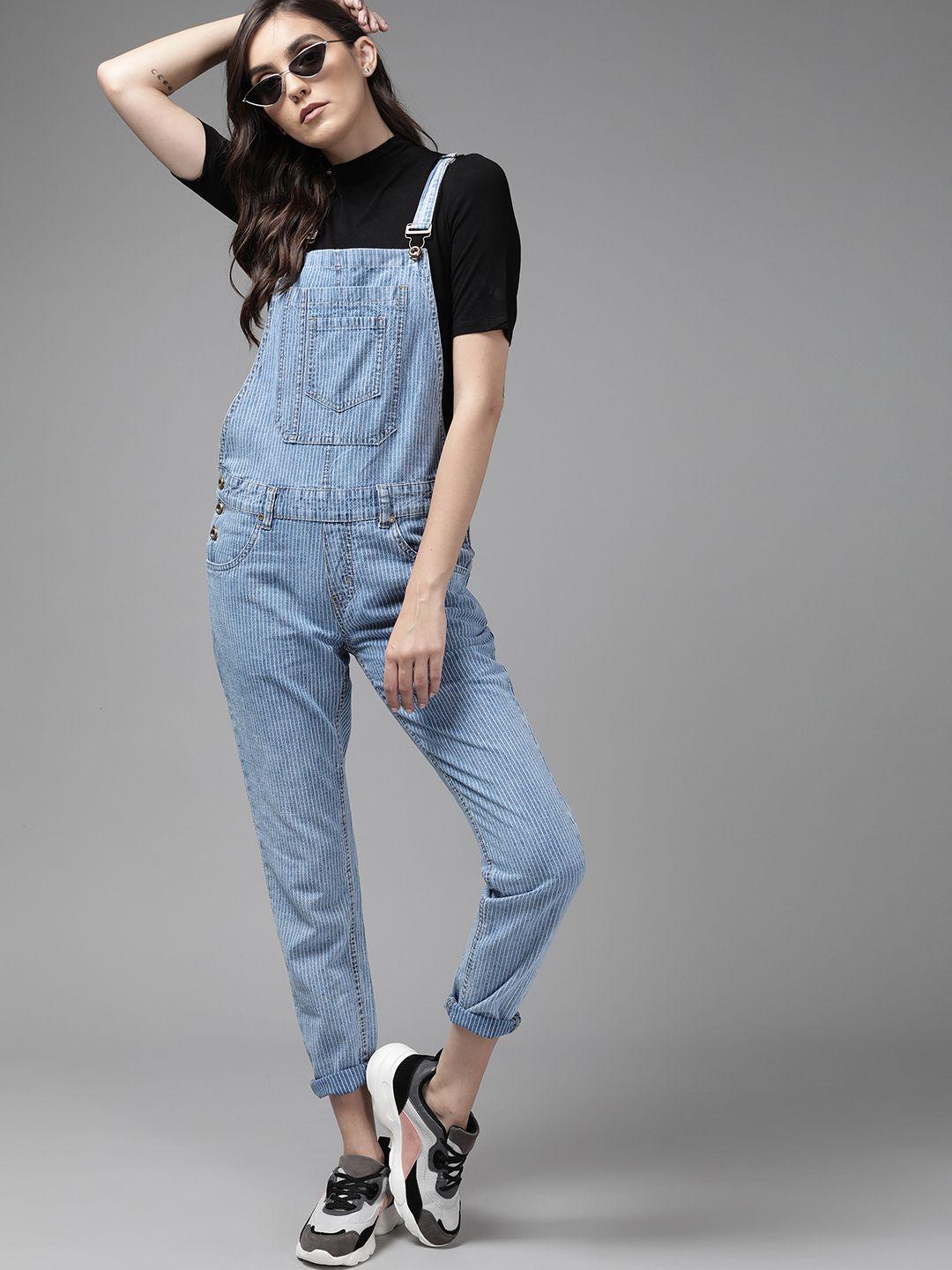 women blue & white striped skinny fit dungarees
