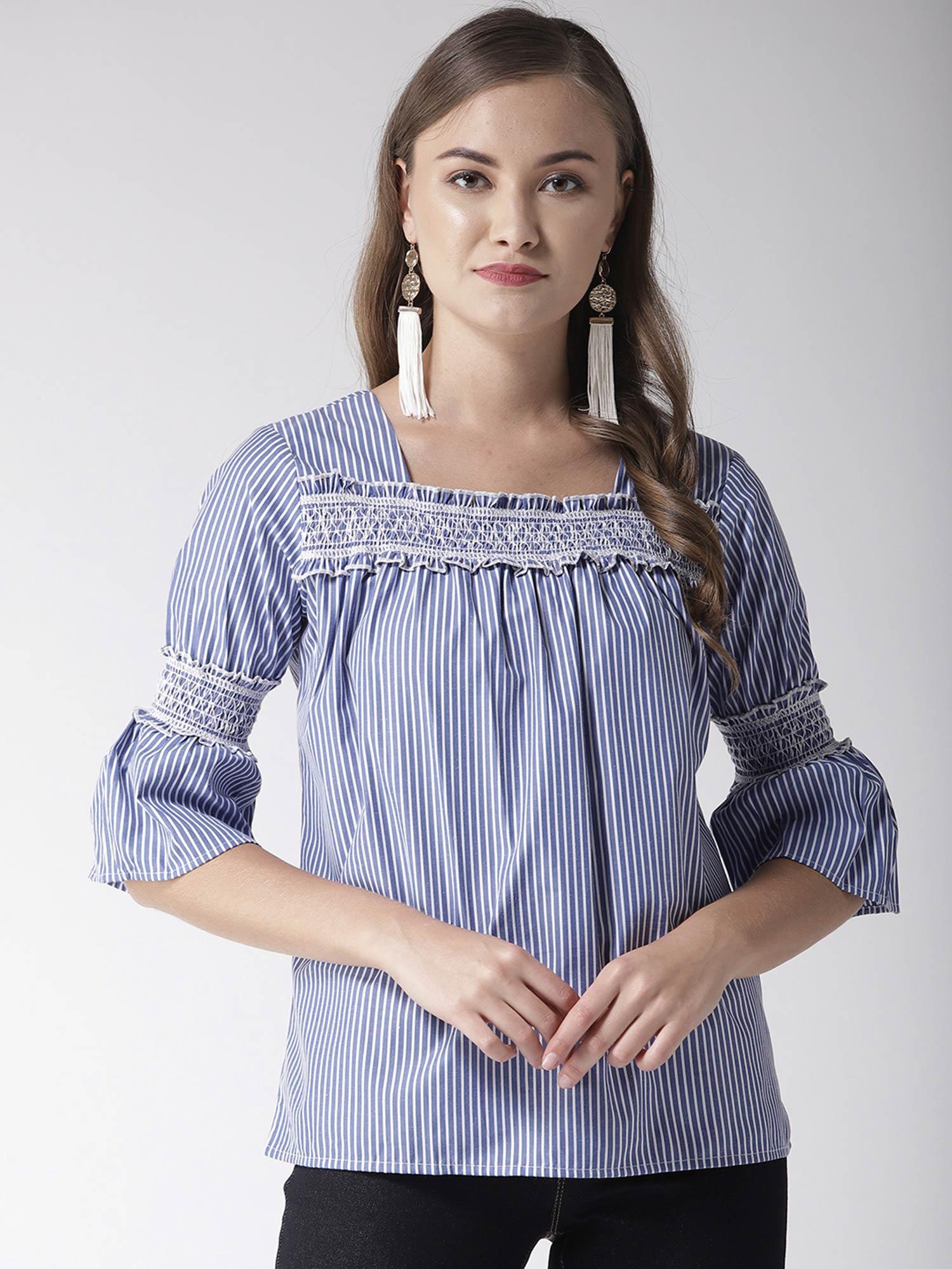 women blue & white striped top