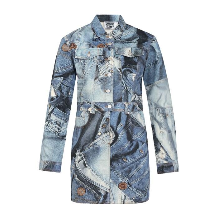 women blue all-over denim print mini shirt dress