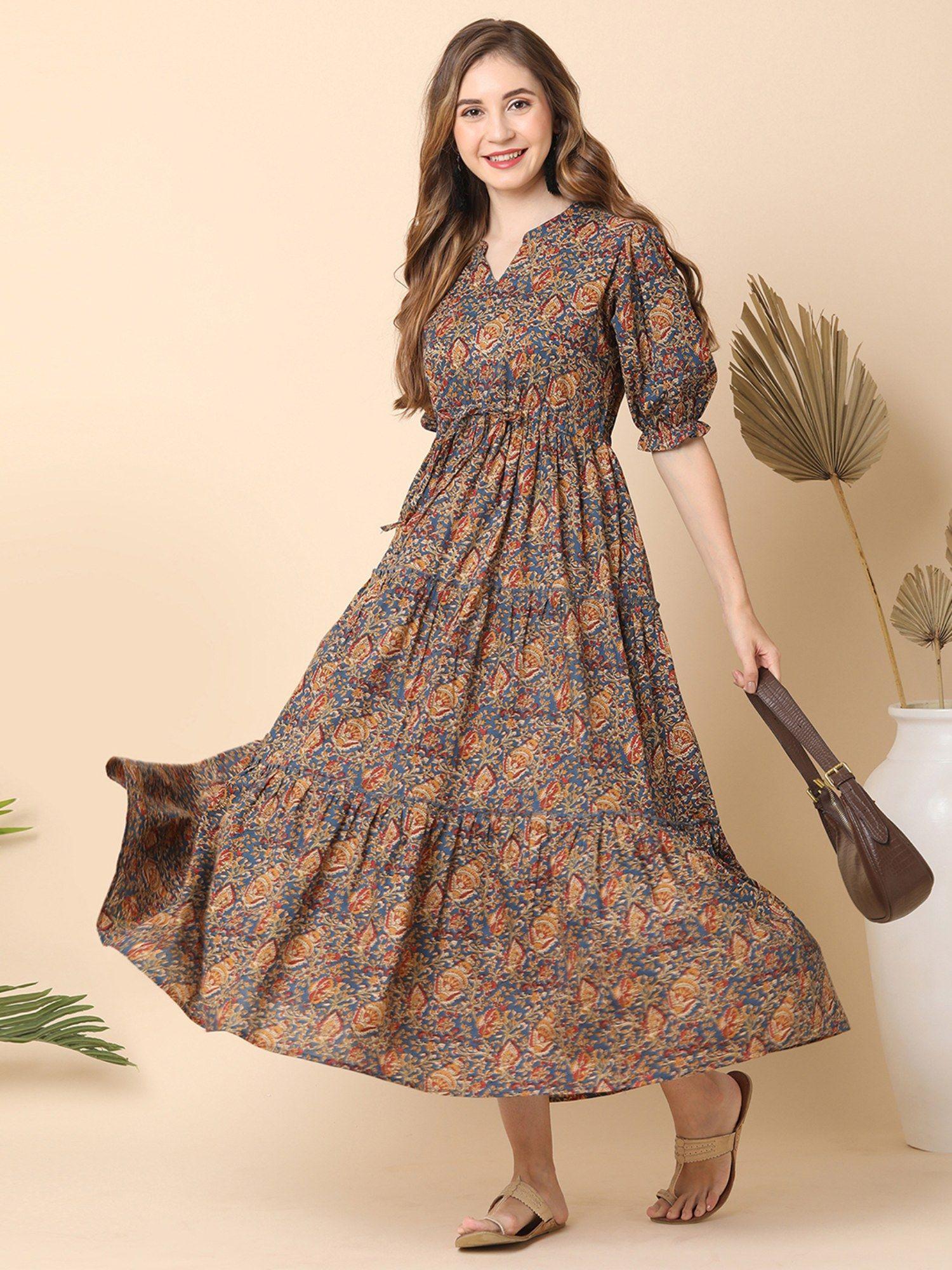 women blue all over print mandarin collar maxi dress