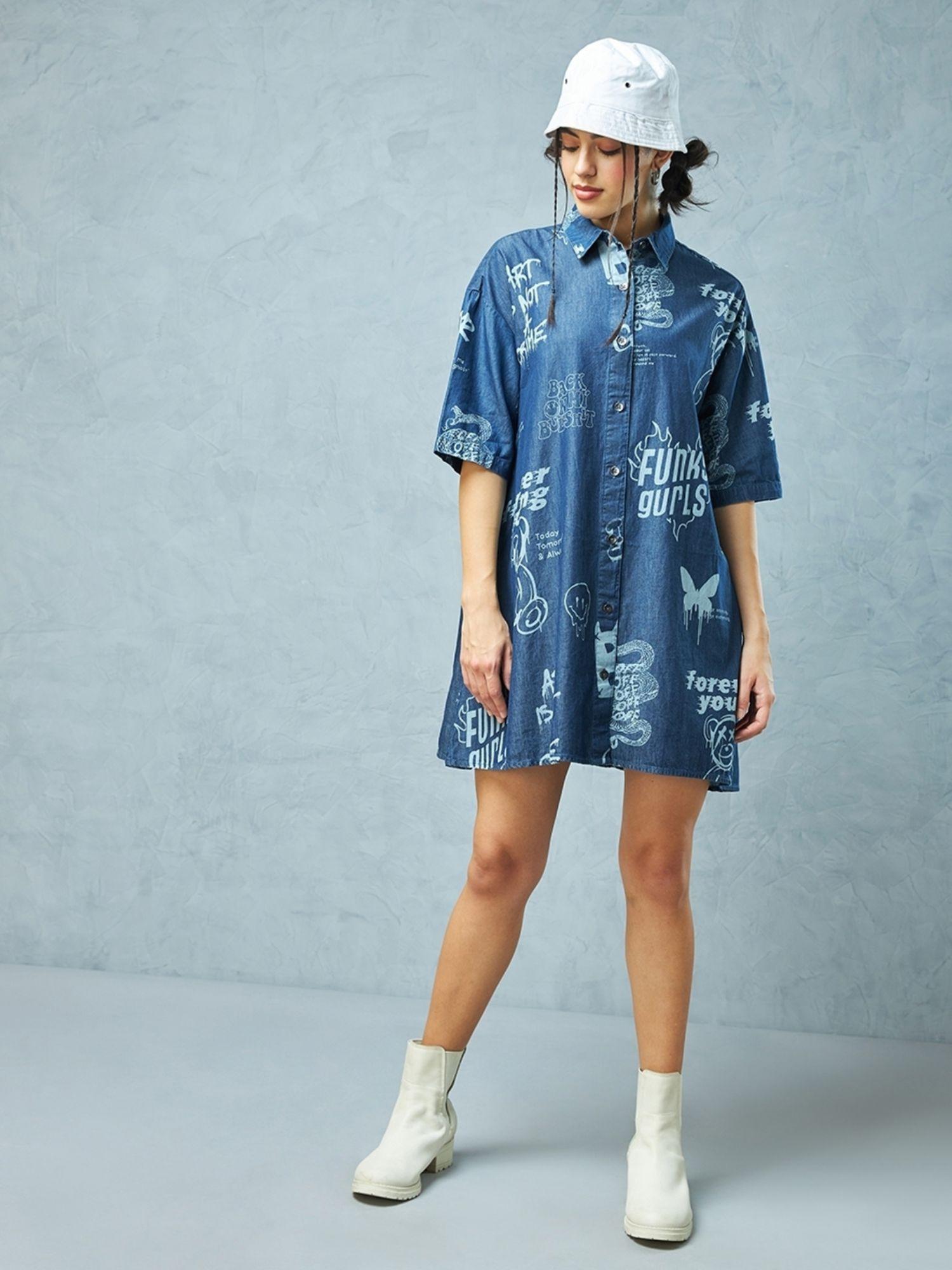 women blue all over printed shirt dress