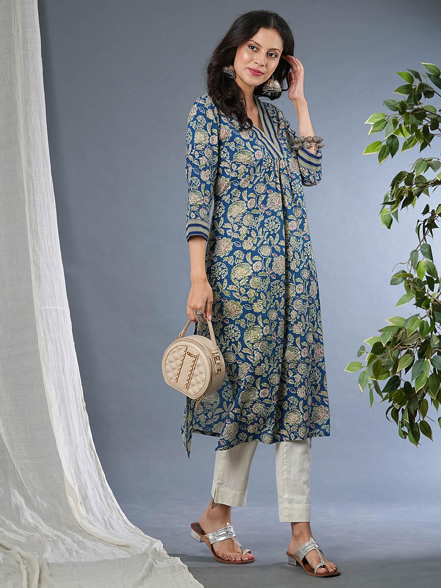 women blue allover floral print v-neck pleated straight workwear kurta