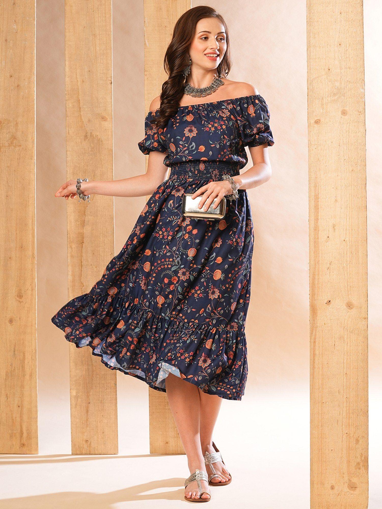 women blue allover floral printed smocked waist fit & flare fusion midi dress