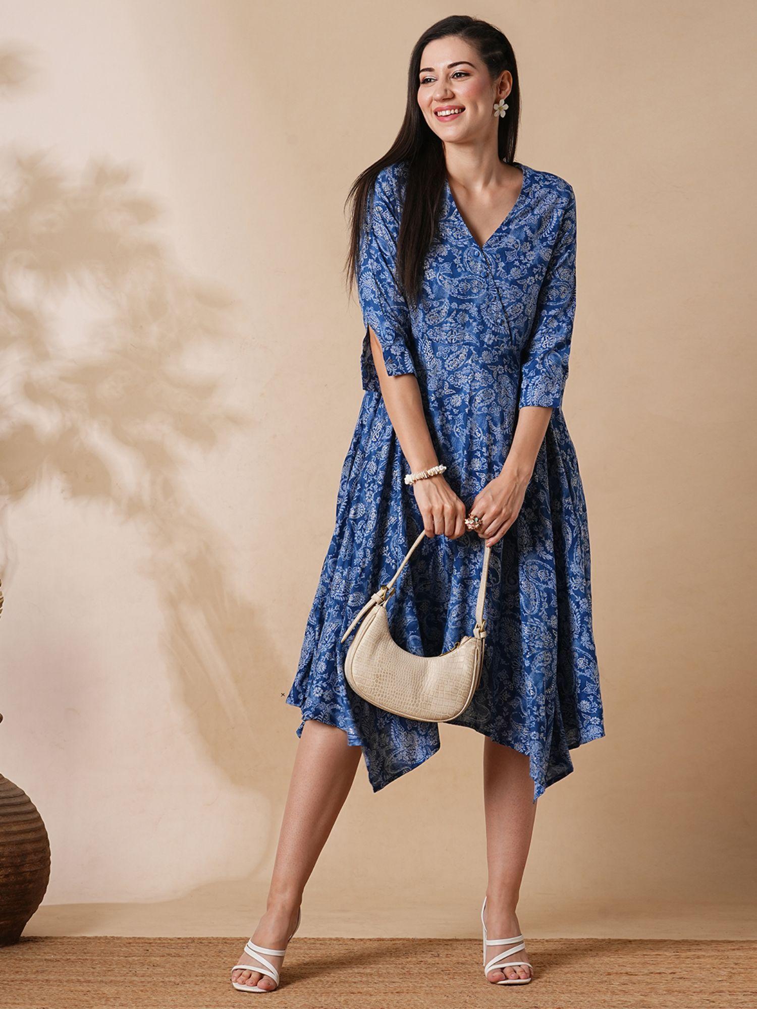 women blue allover floral printed wrap neck asymmetric hem a-line fusion midi dress