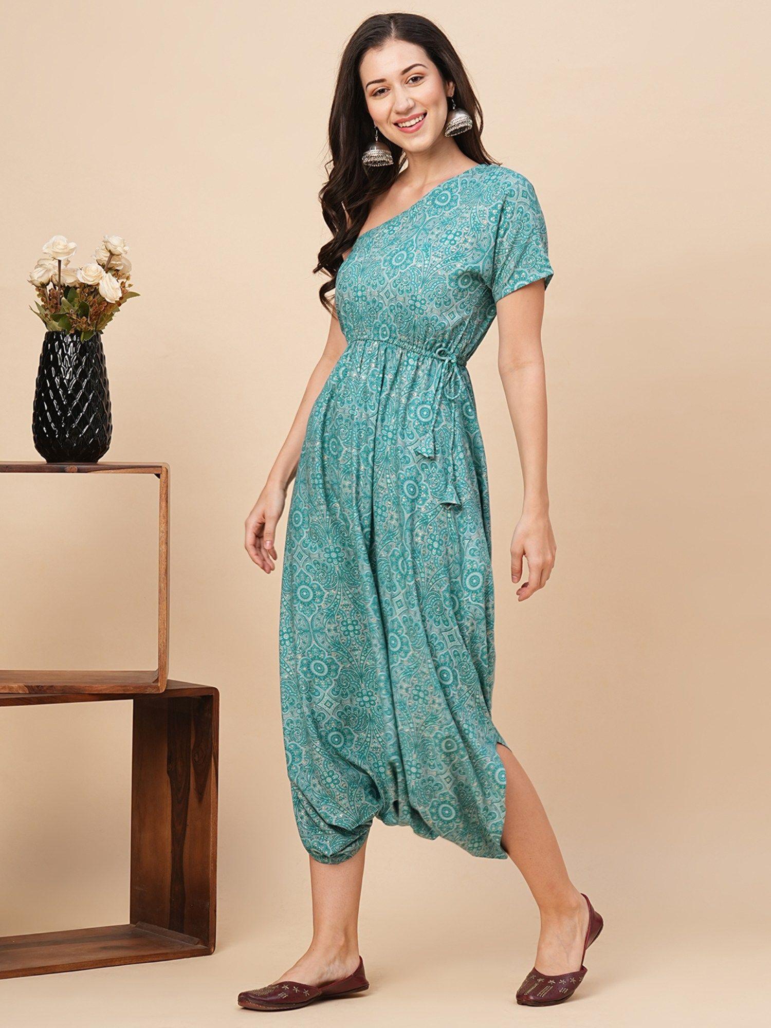 women blue allover printed cowl dhoti jumpsuit