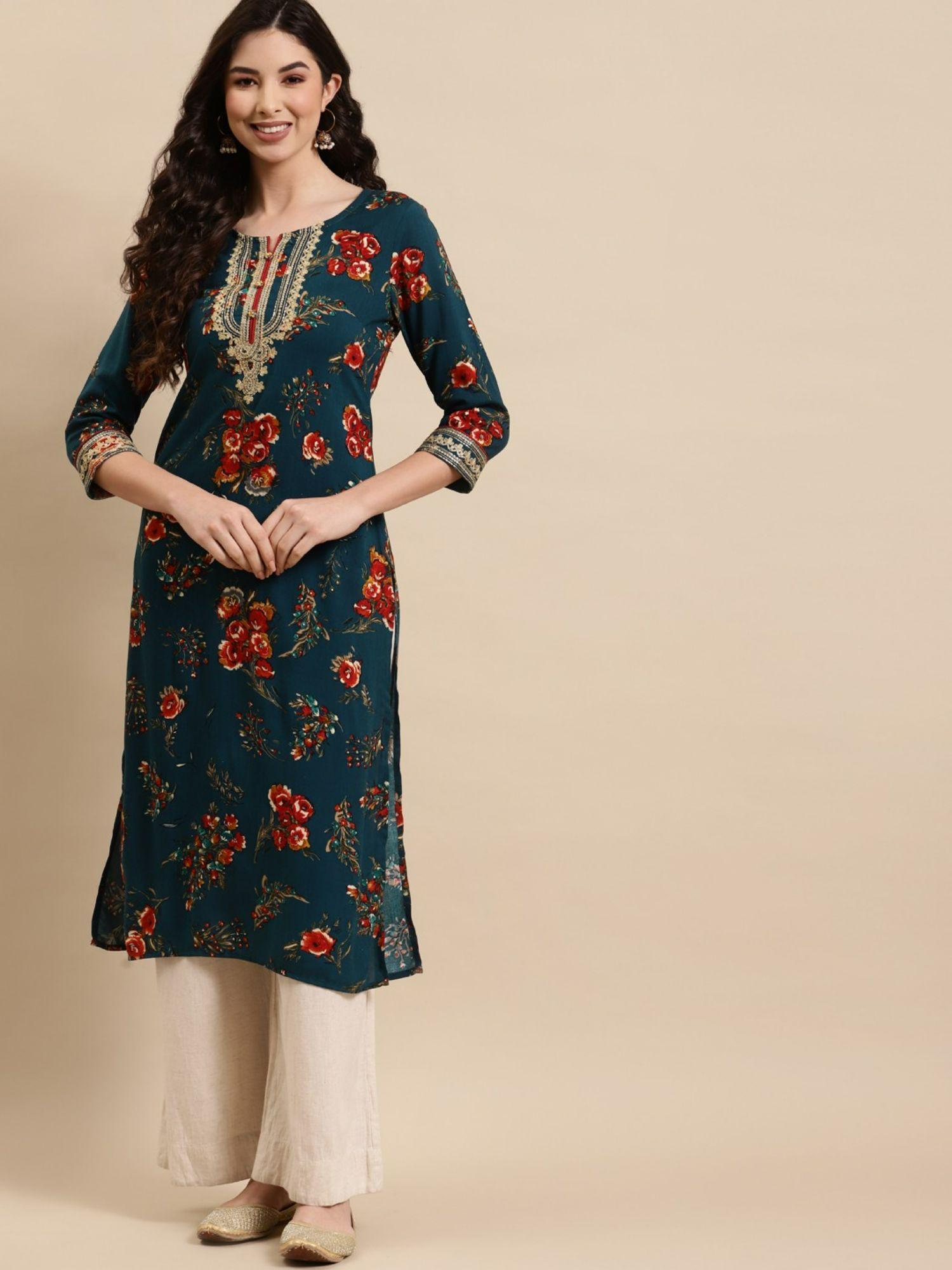 women blue and red foil printed & zari embroidery straight kurta