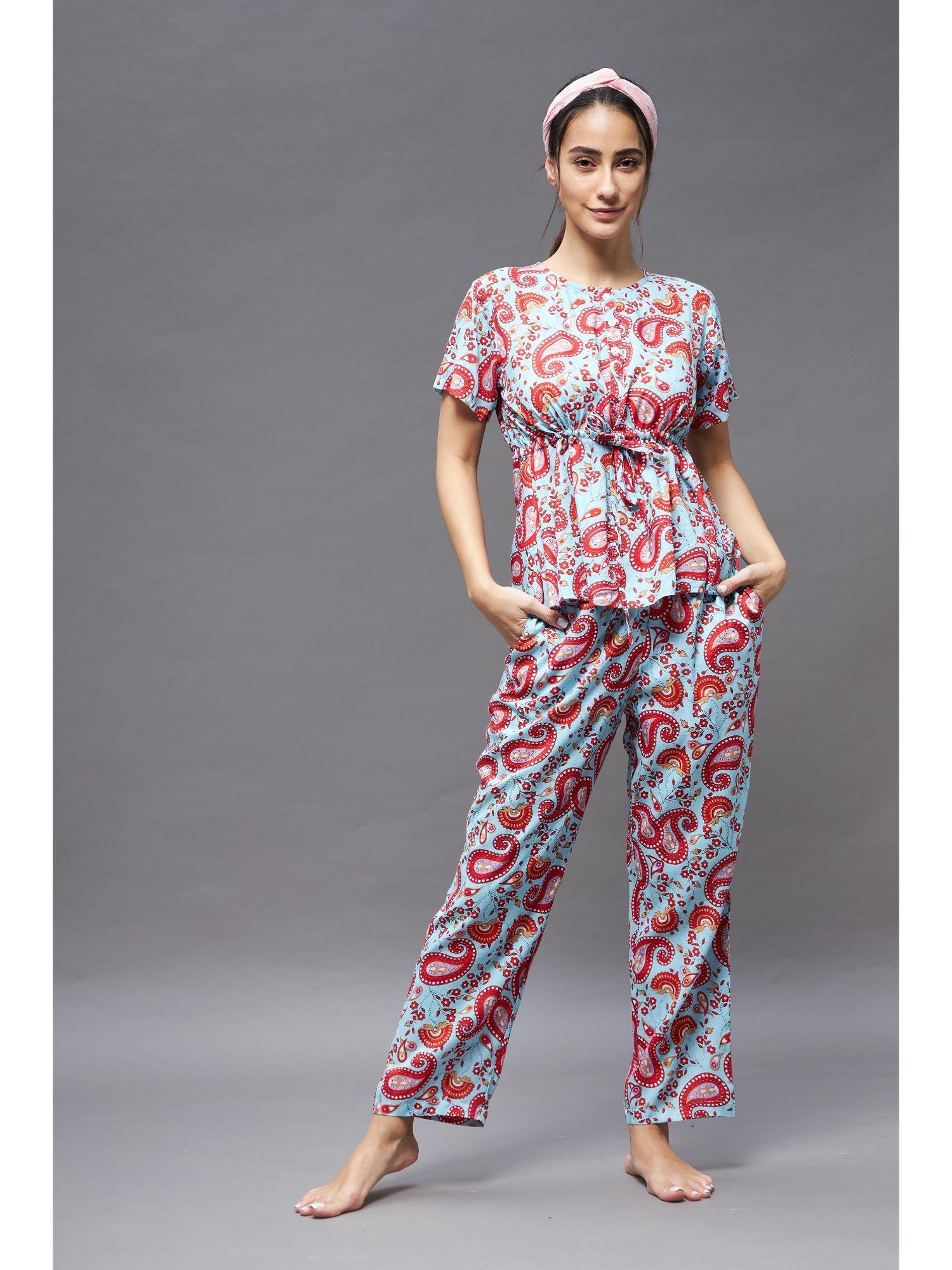 women blue and red round neck short sleeve printed regular top & pajama set