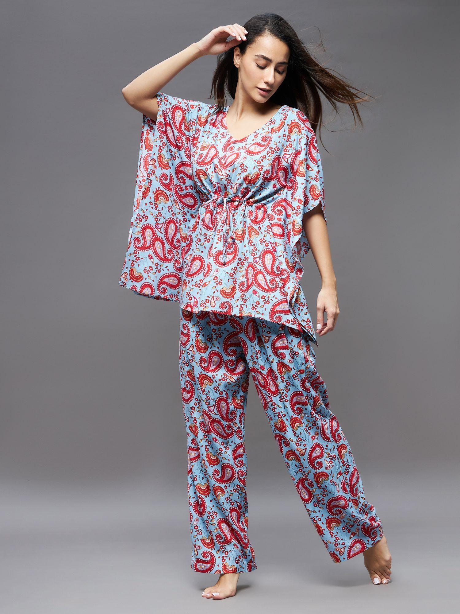 women blue and red v neck kaftan sleeve printed kaftan & pajama set