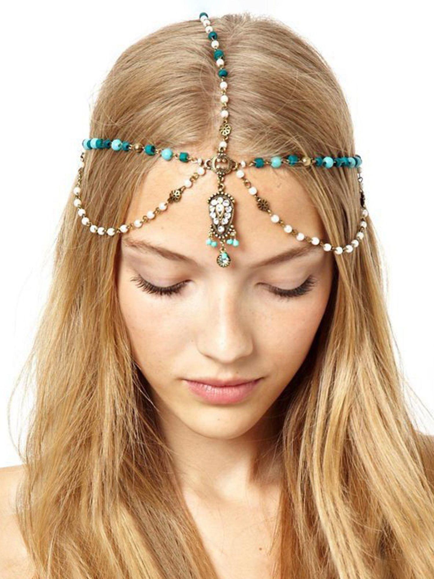 women blue and white bohemian crystal headband with wooden beads head chain