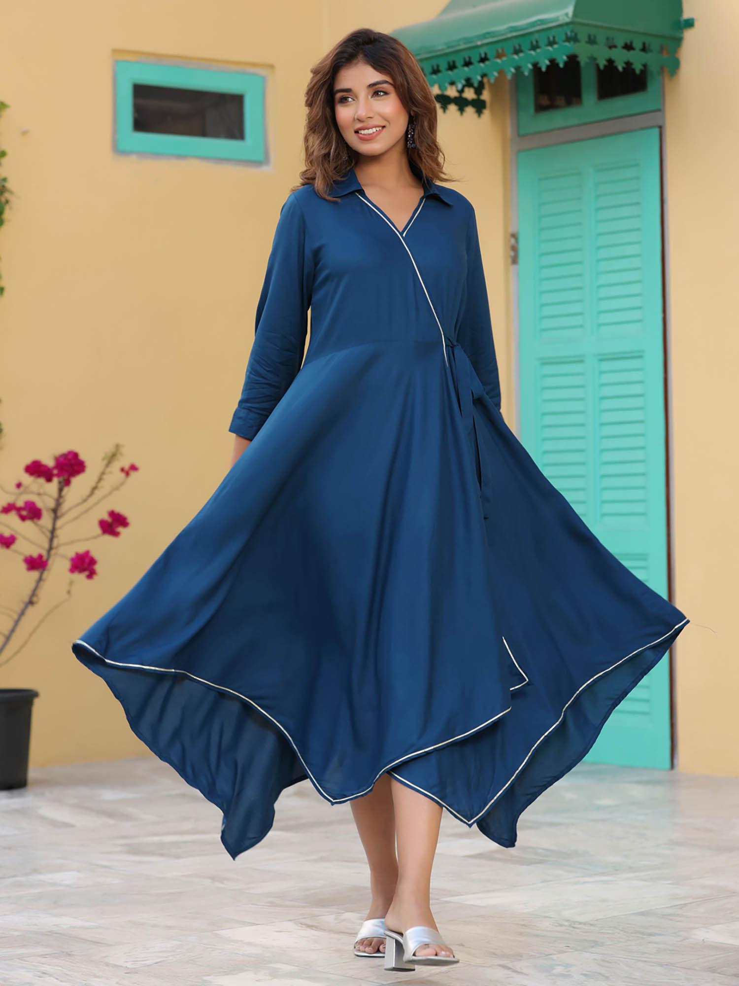 women blue asymmetrical hem dress