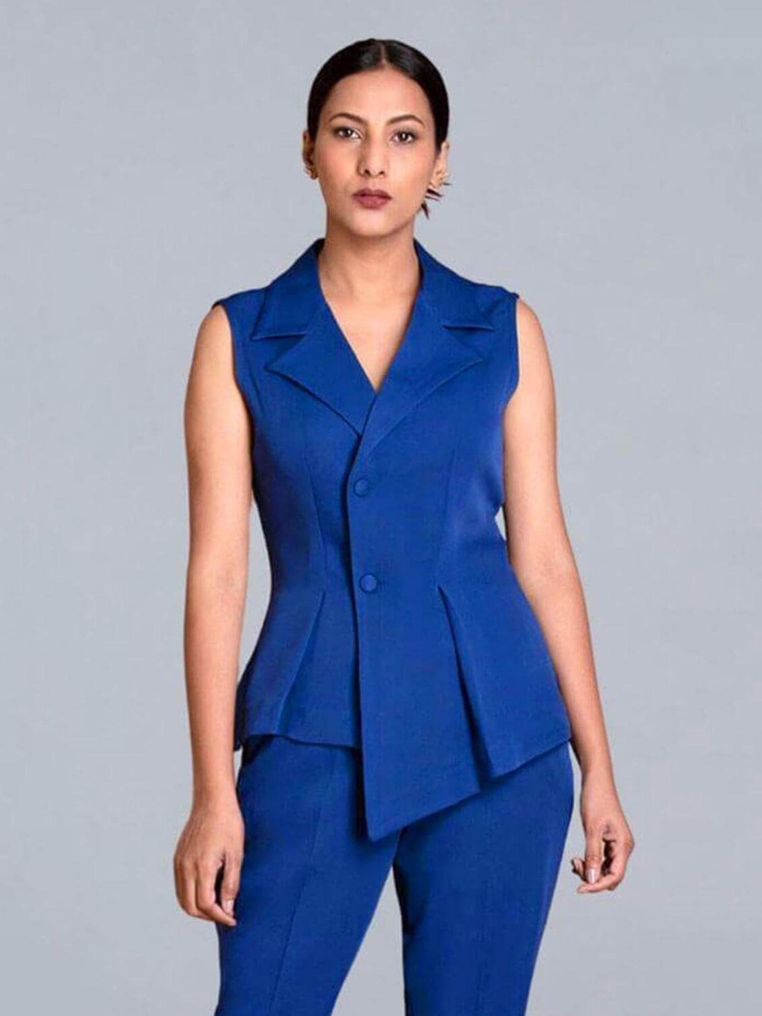 women blue asymmetrical overlap waist coat