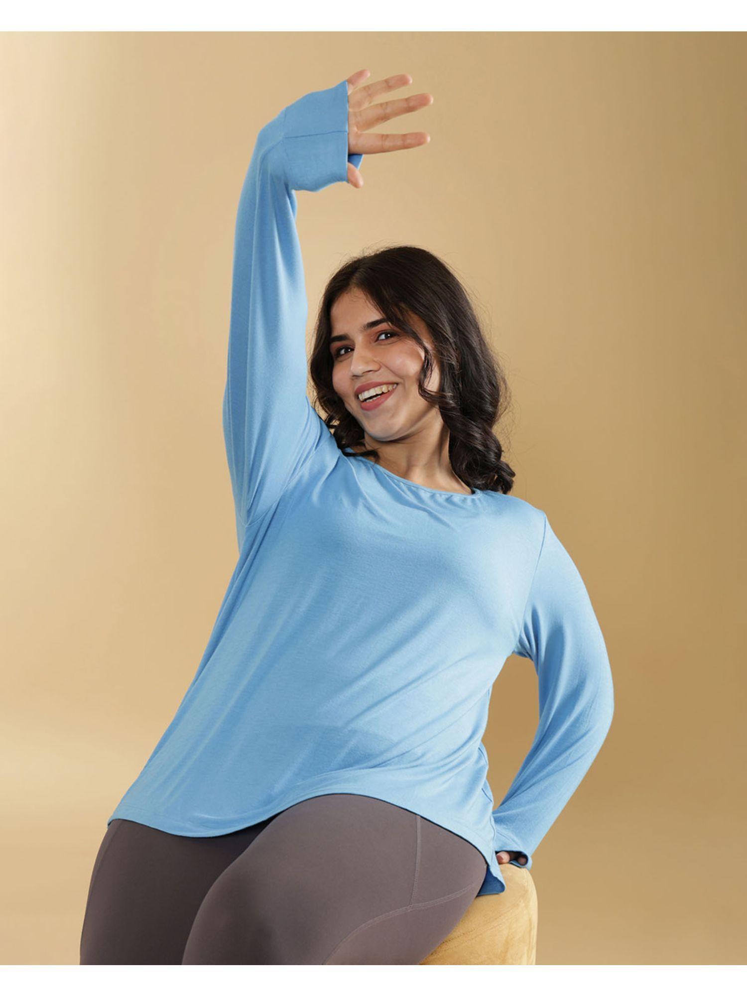 women blue bamboo full sleeve tee with cuffs