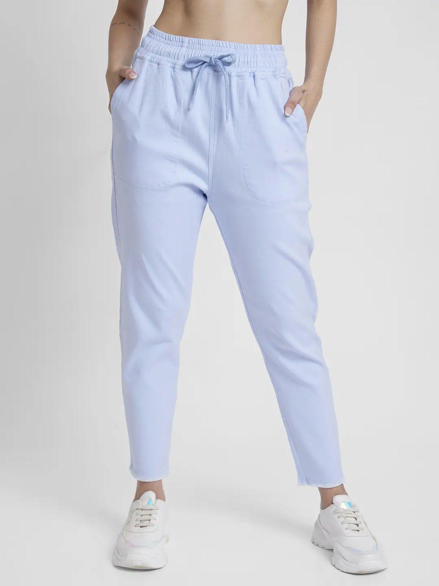 women blue blended tapered fit ankle length trackpant