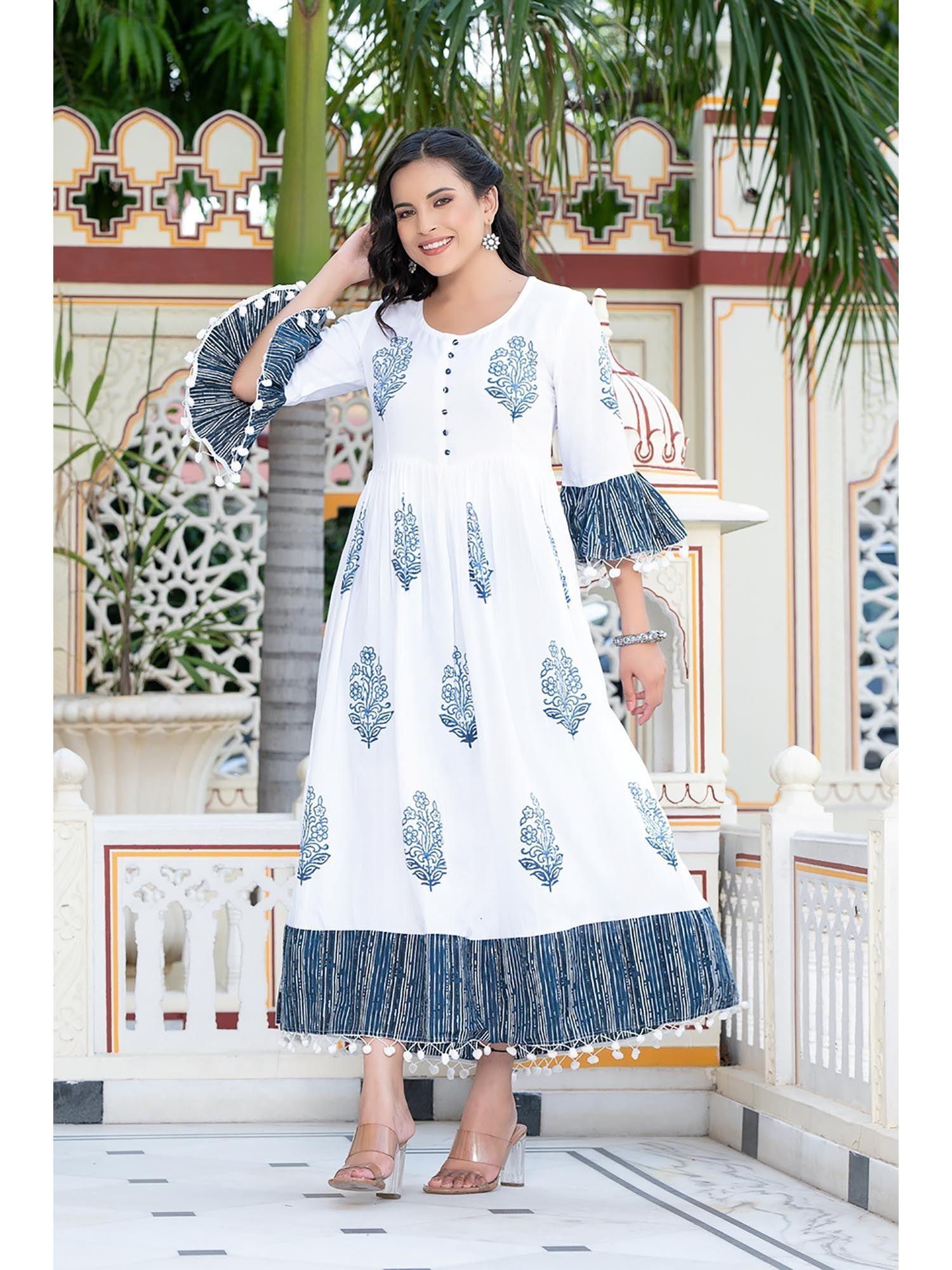 women blue block printed flared kurta