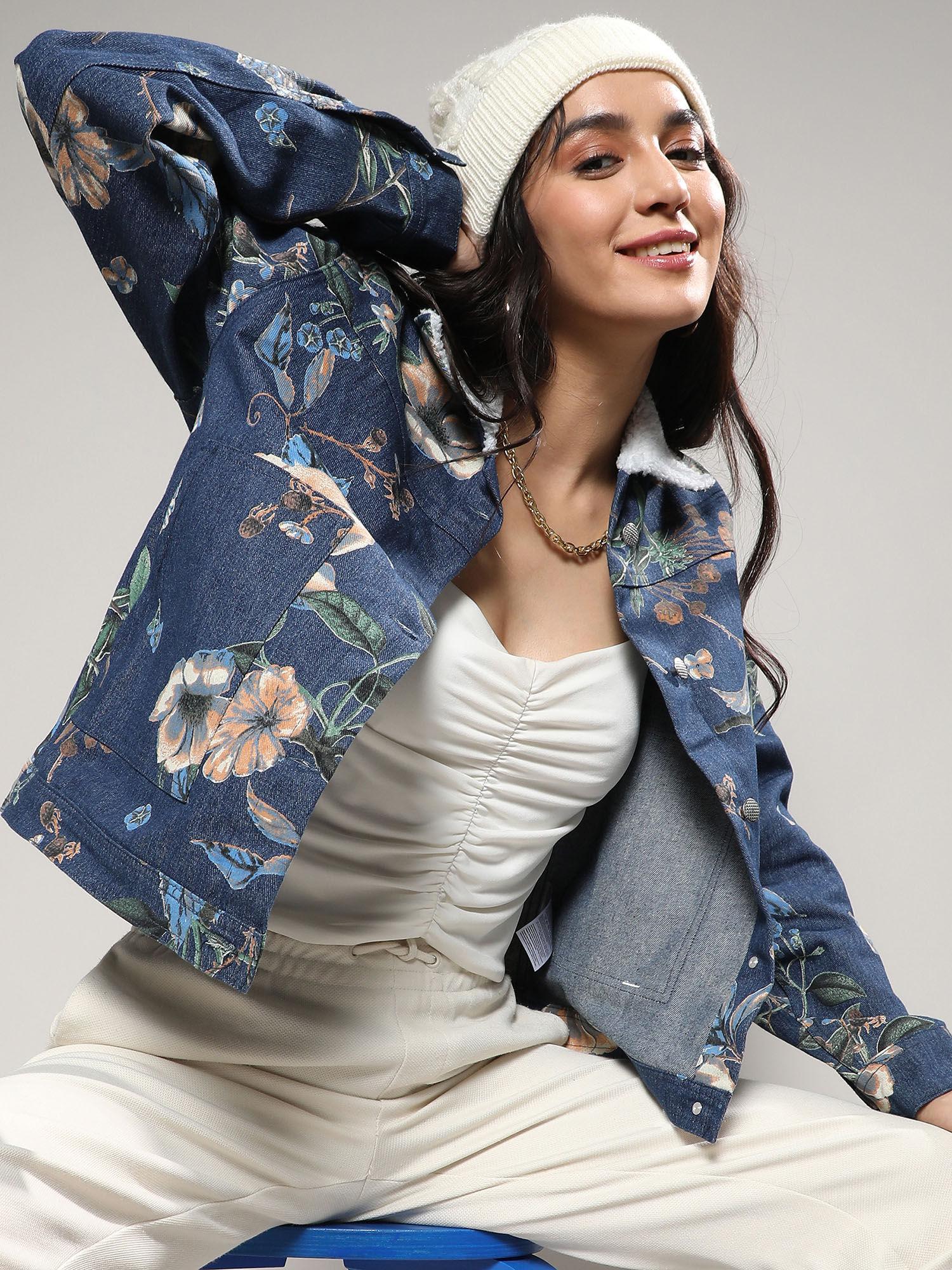 women blue botanical denim jacket