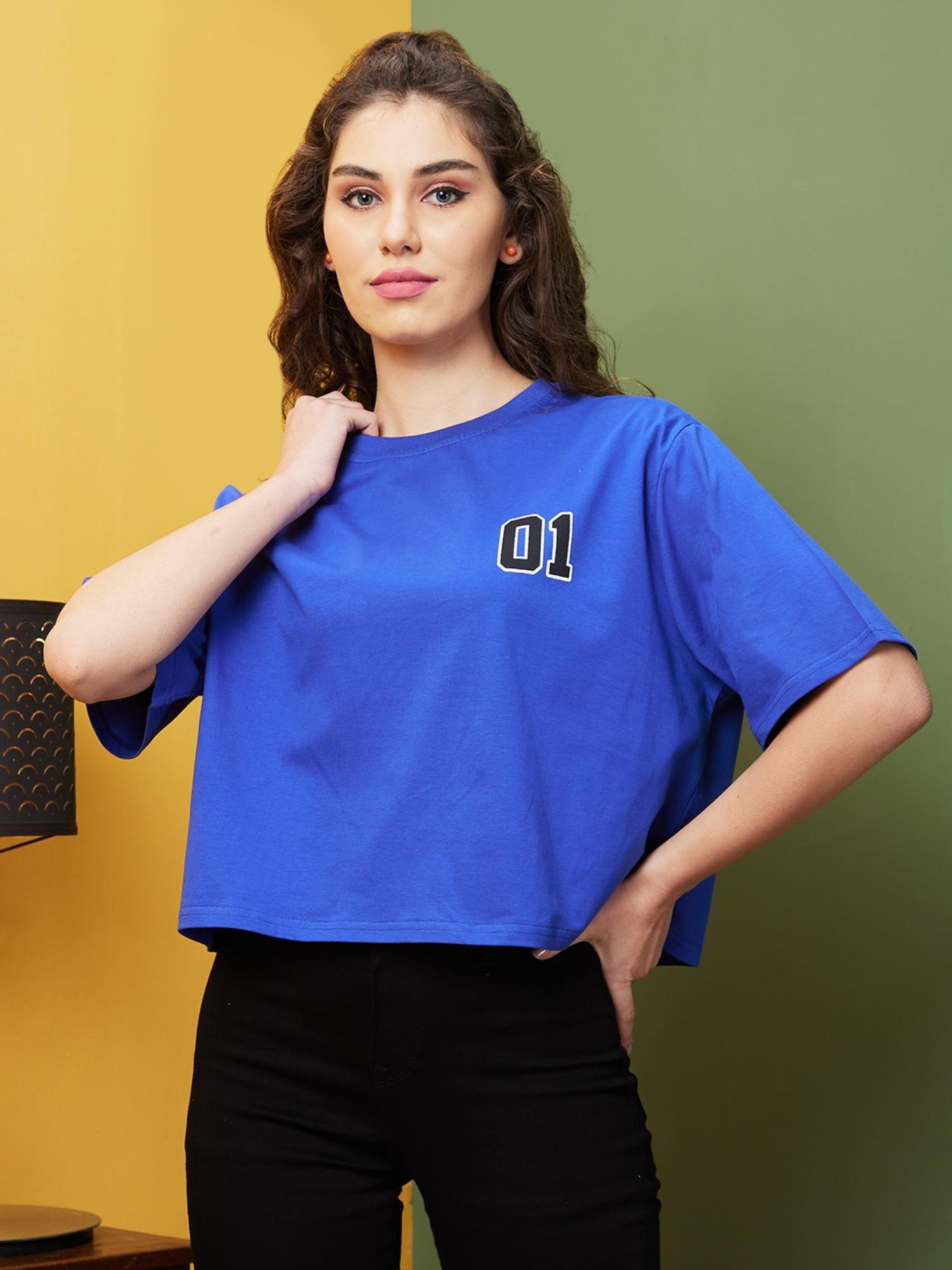 women blue boxy fit typography round neck t-shirt