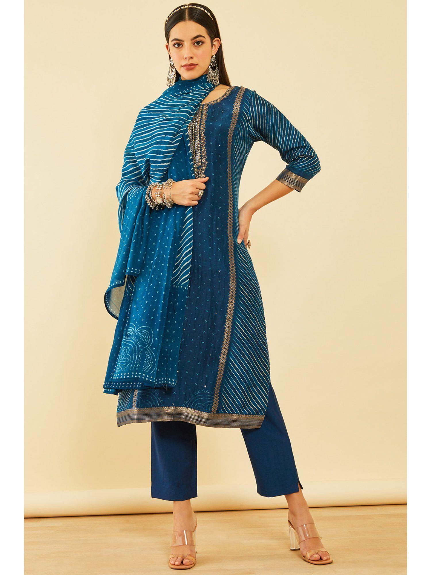 women blue brocade bandhani print kurta with pant and dupatta (set of 3)