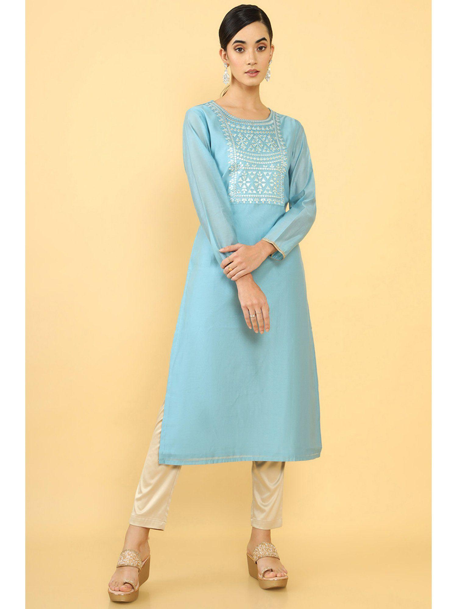 women blue chanderi embellished & sequined kurta