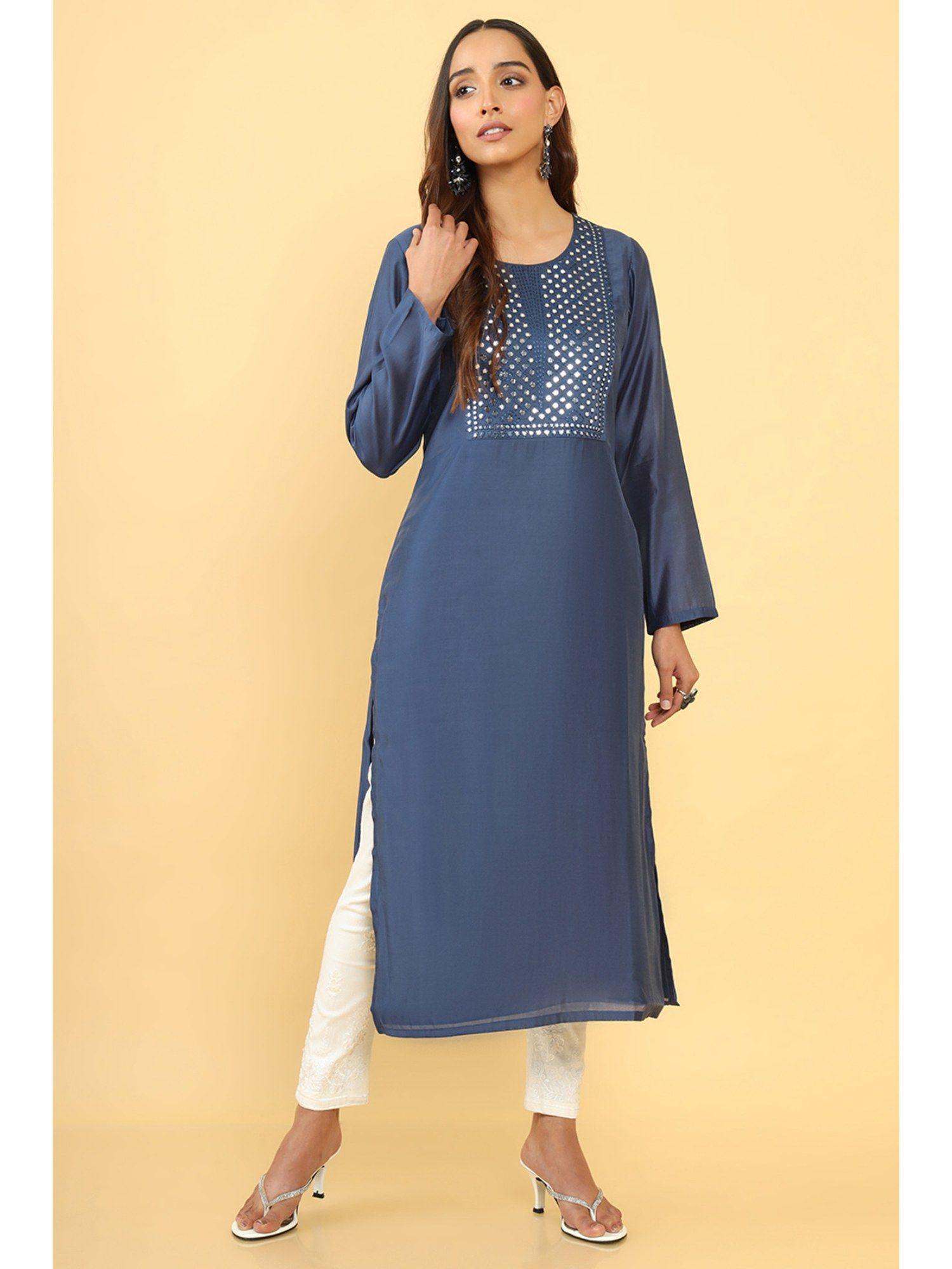 women blue chanderi mirror work kurta