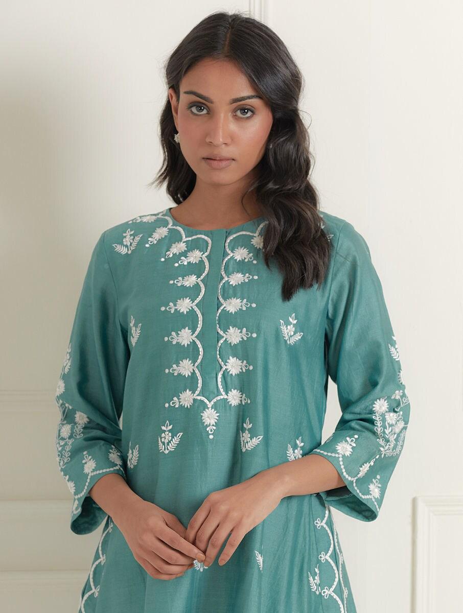 women blue chanderi silk embroidered round neck flared kurta