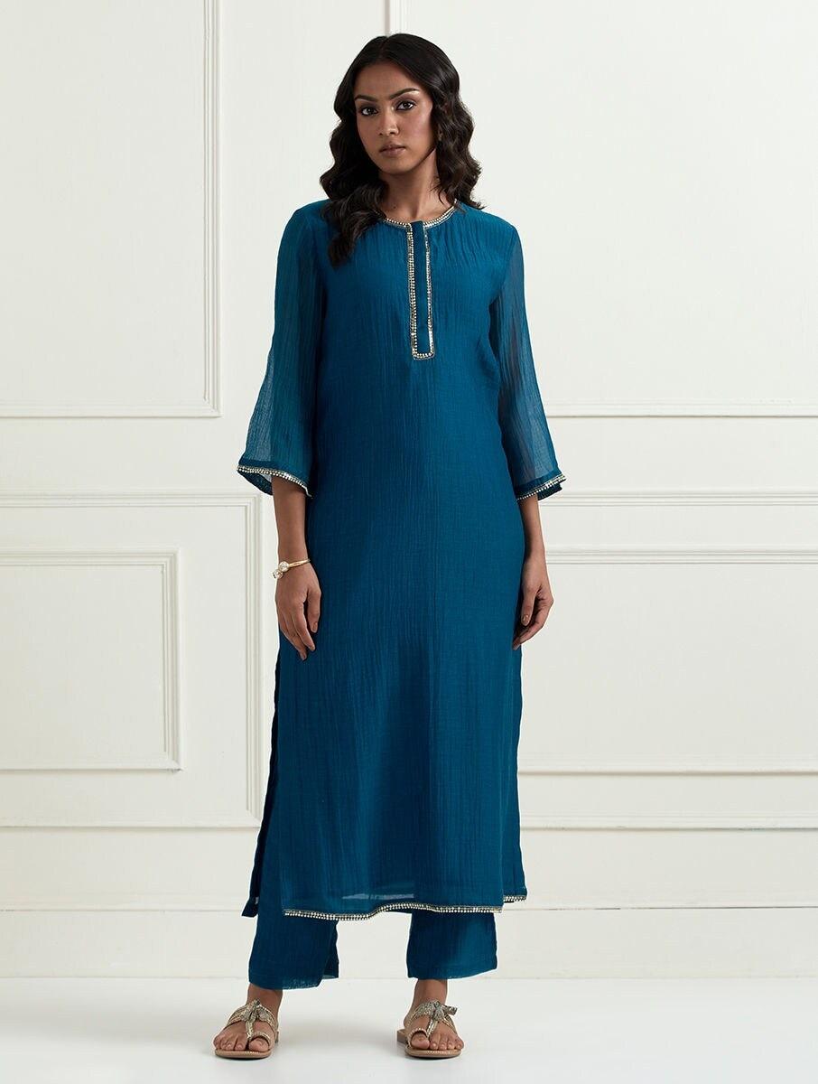 women blue chanderi silk embroidered round neck straight regular kurta with pants