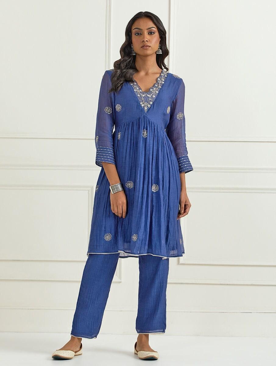 women blue chanderi silk embroidered v neck anarkali regular kurta with pants