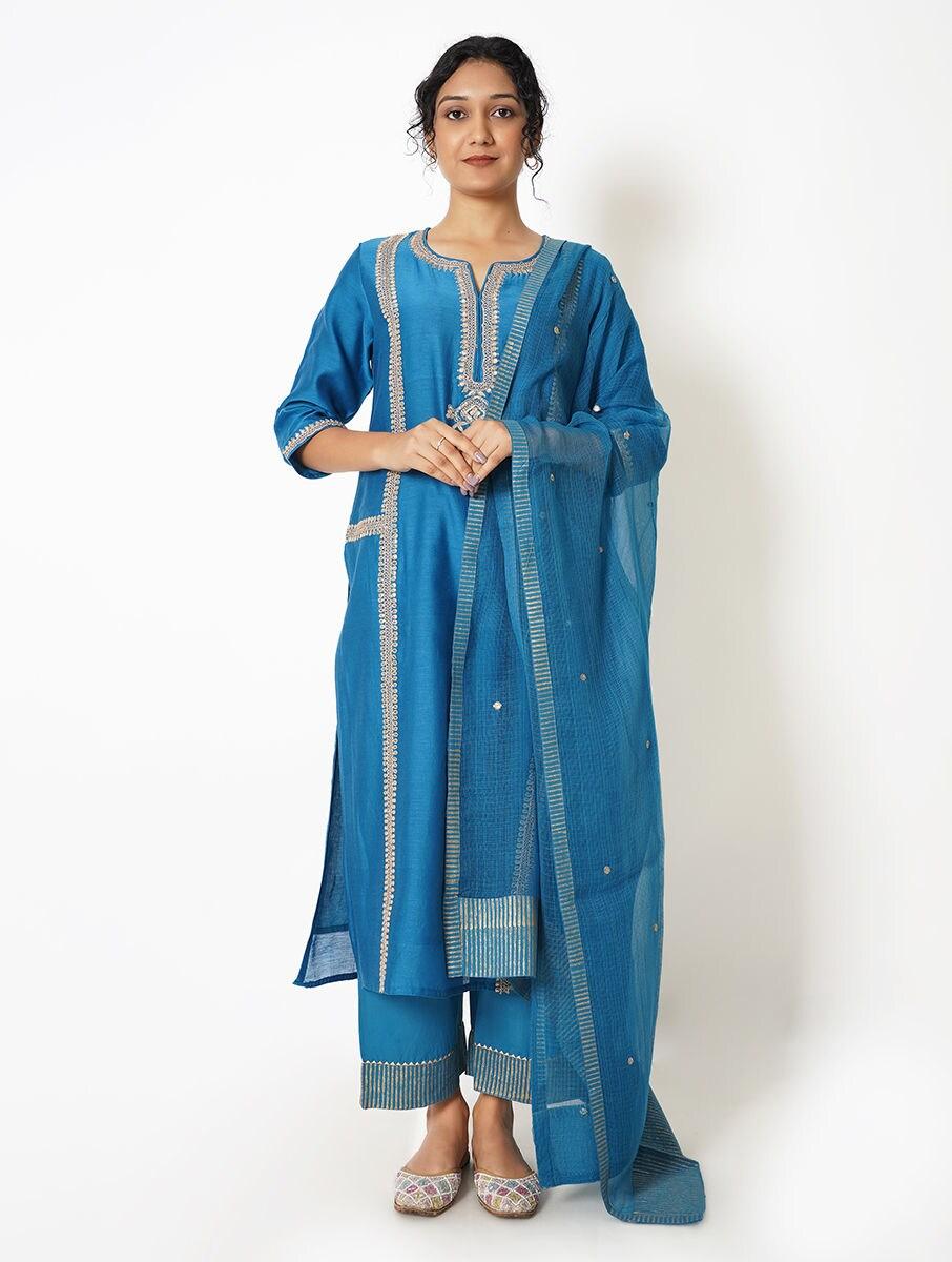 women blue chanderi silk gota patti round neck straight regular kurta, pants & dupatta